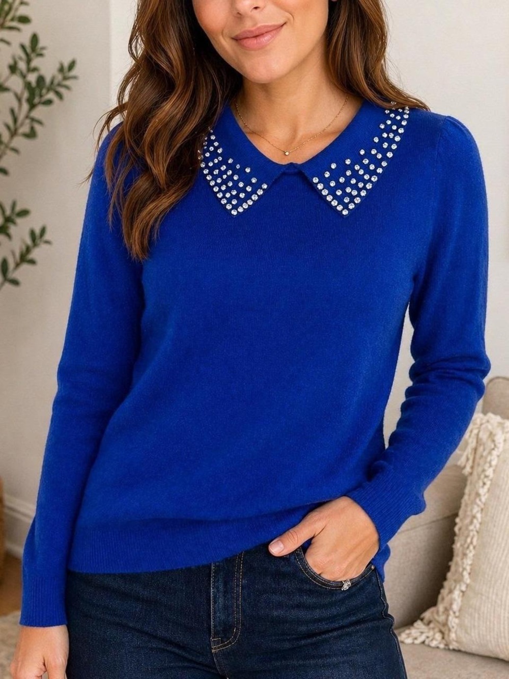 Loft Royal Blue Embellished Collar Sweater